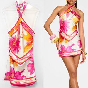 Retrofête Adelaide Floral Silk Halter Mini Dress Pink Yellow White Large New